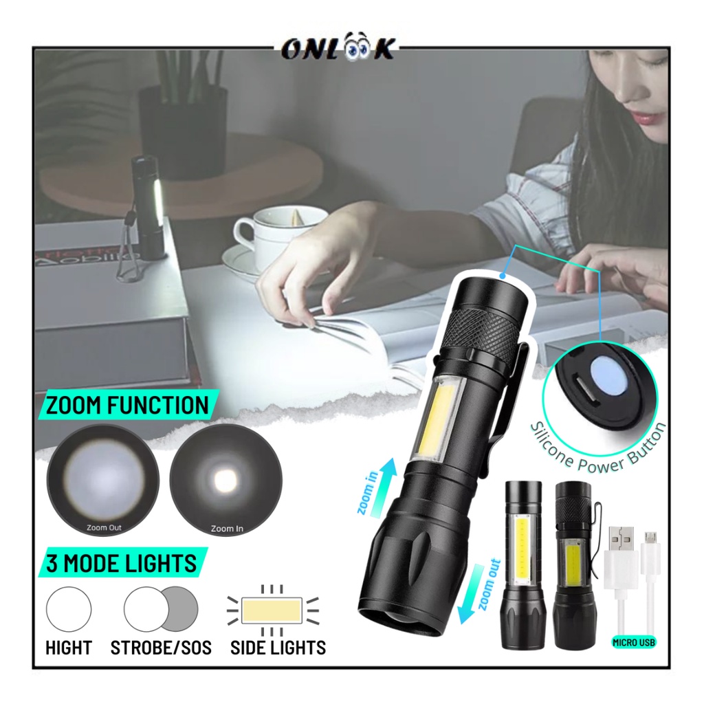 Senter Mini XPE COB Led Zoom Super Terang Lampu Pencahayaan Camping Piknik Hiking Swat Police Light Rechargeable - ONLOOK