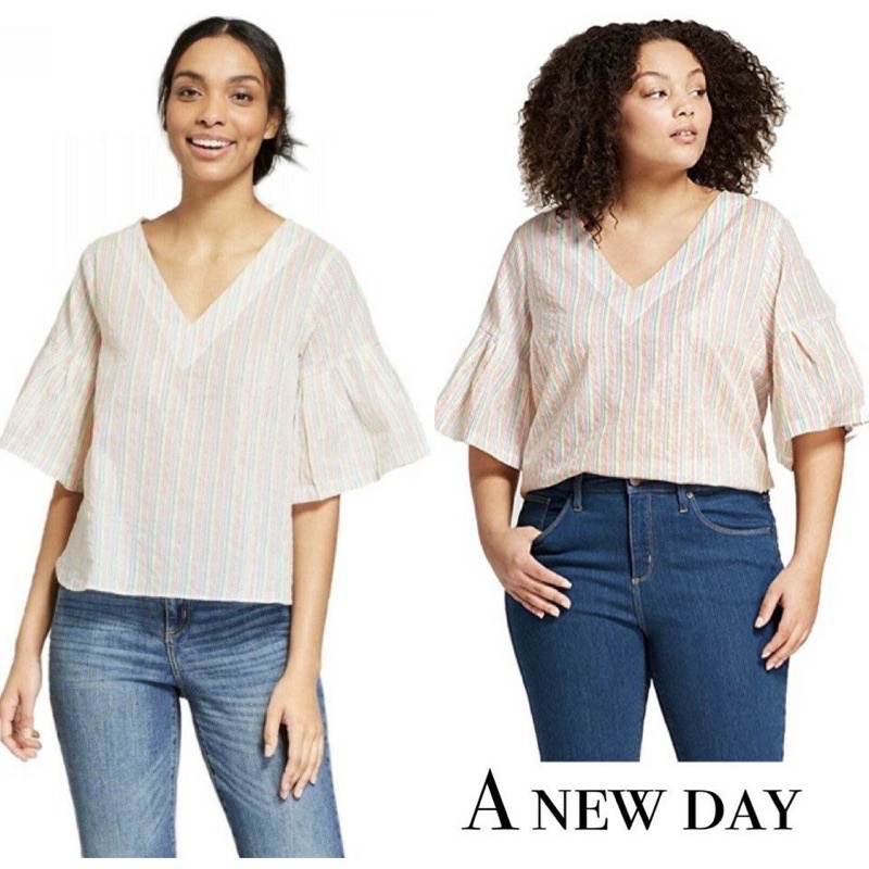 A new Day Women Striped Sleeve Shine Blouse Top