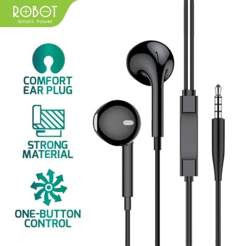 (COD) Headset Wired Robot RE10 Earphone High Sound Quality Handsfree - Garansi Resmi 1 Tahun-Re10 Hitam