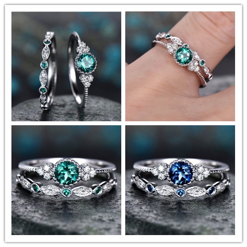 2pcs Cincin Pasangan Ukuran 6-10 Dengan Zircon Emerald Untuk Hadiah Pernikahan