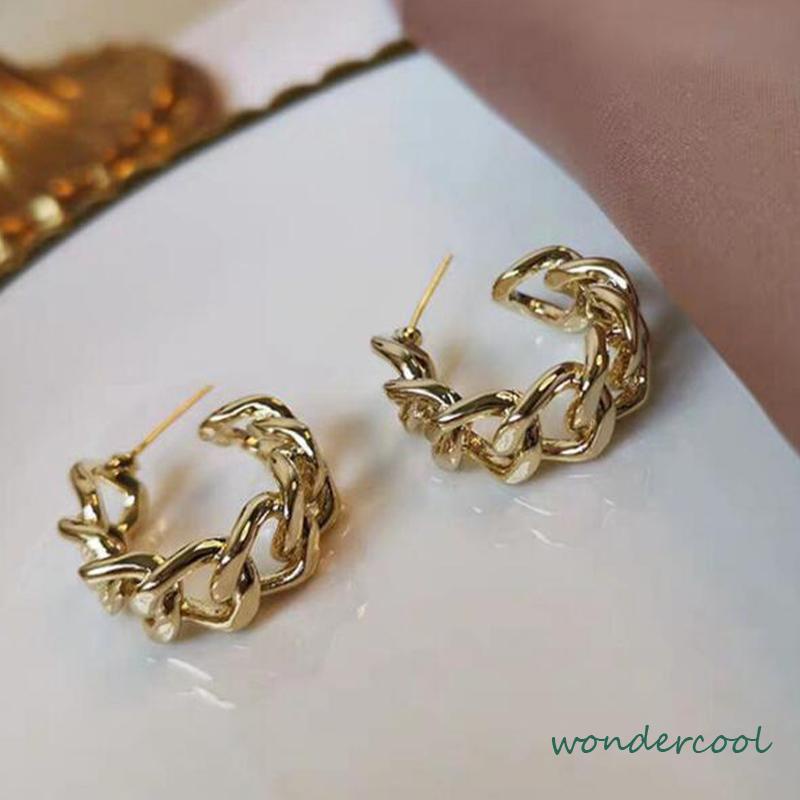 Anting Stud Model Rantai Rongga Bahan Logam Gaya Retro -Won