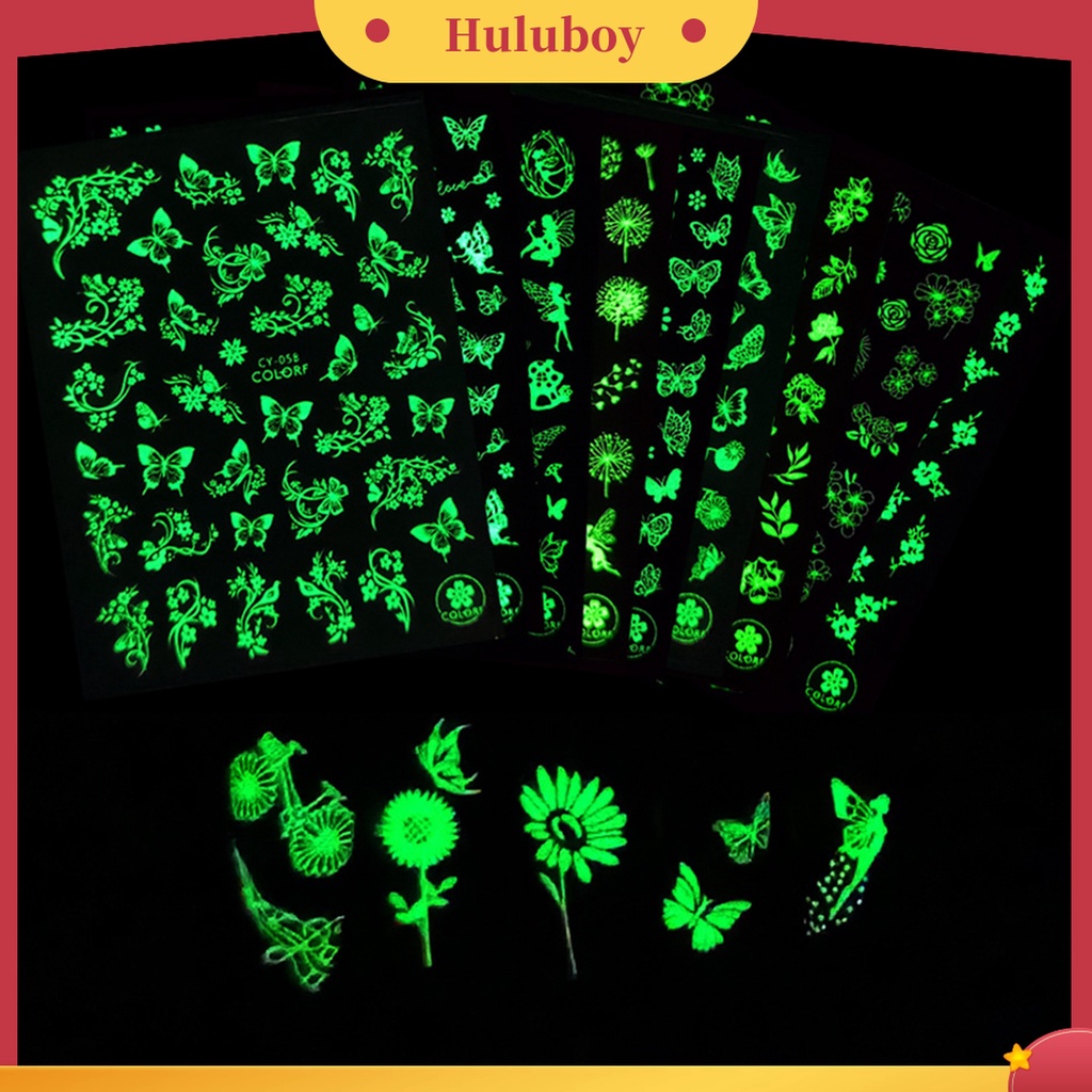 Huluboy Huluboy♡ 9 Pcs / Set Stiker Kuku 3D Glow In The Dark Desain Kupu-Kupu Bunga Slider Untuk Manicure