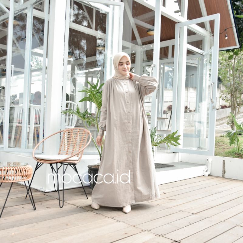 Dress Cream Elegan Ootd Hijabers bahan katun linen rami lengan kancing casual klasik dovey