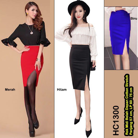 HC1300 Midi Skirt Belah Depan Cotton Stretch Premium / rok belah depan ketat / rok sexy belah depan / rok seksi belah depan selutut