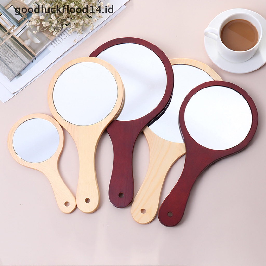 [OOID] Round Wood Vintage Hand Mirror Makeup Vanity Mirror Cosmetic Make Up Mirrors ID