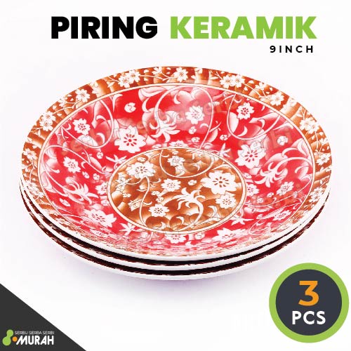 SERBU MURAH - SET 3 PCS PIRING OMEGA FLOWERY UKURAN 9-9,25 INCH - STONEWARE - Piring Cantik -  Pirin