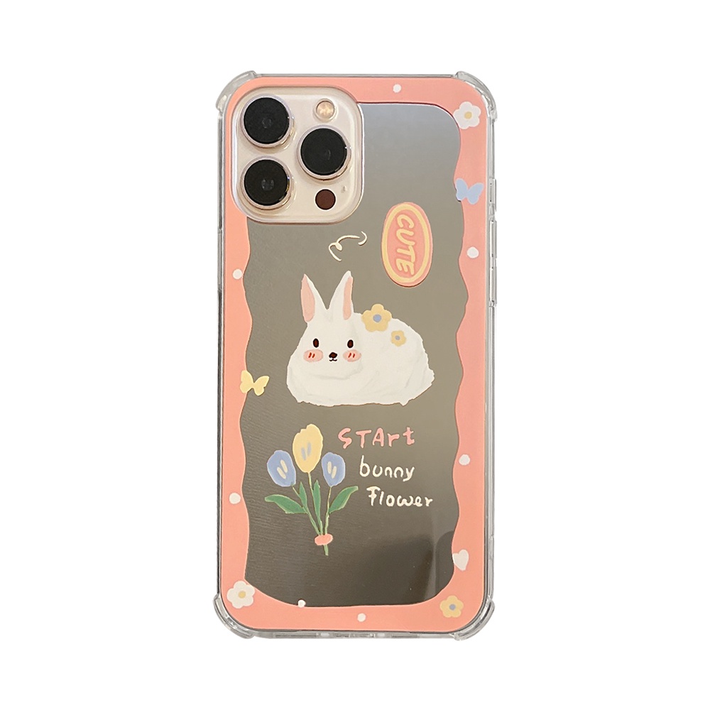 Soft case Desain Kartun Kelinci Aksen Cermin Tahan Banting Untuk iPhone 11 12 13 Pro max mini XS max xr 7 8 Se 2020 plus