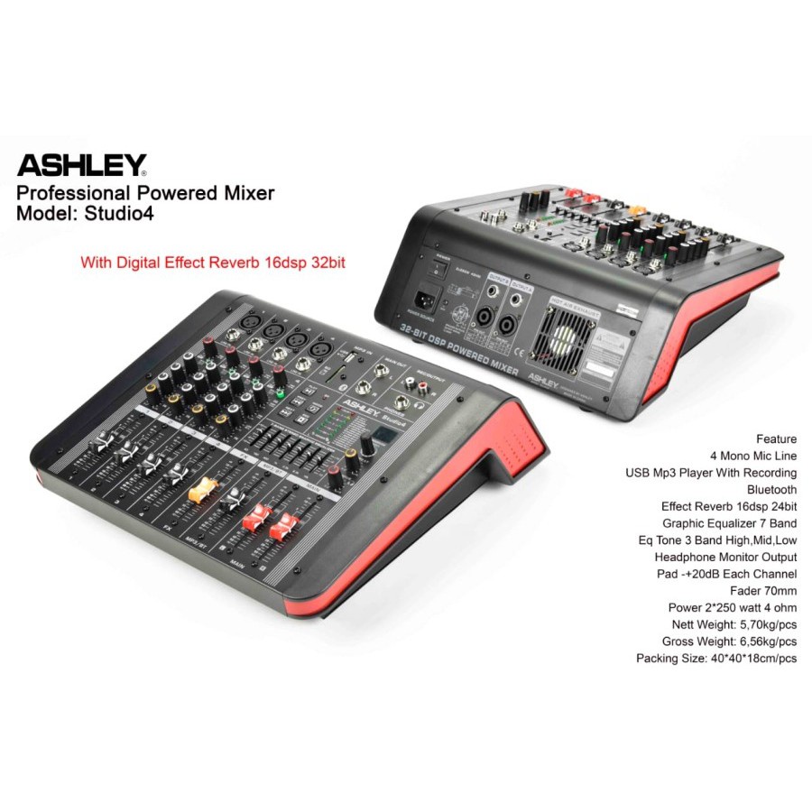 Power Mixer Ashley Studio4 Studio 4 Original 4 Chanel 250 Watt USB Bluetooth Efek Reverb Digital 16 
