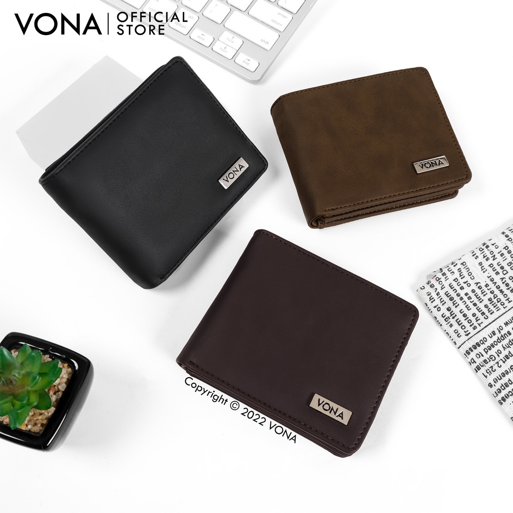 VONA Dompet Pria Lipat Pendek 3 Ruang Extra Slot Kartu Kulit PU Polos - Hitam | Dark Brown | Coklat Brown - LOXLEY-8