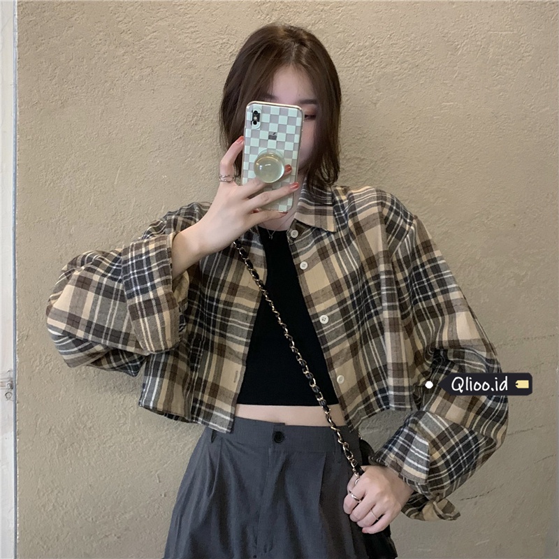 Blouse Wanita Crop Top Import Korean Style Kemeja Kotak Kotak Casual Atasan Lengan Panjang Terbaru Shirt Baju Atasan