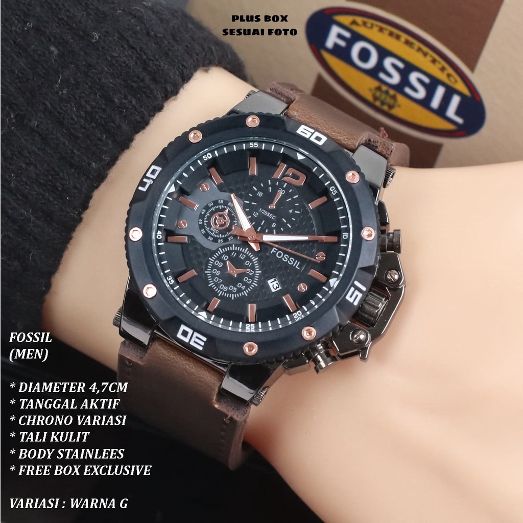 (FREE BOX) JAM TANGNA PRIA FASHION TALI KULIT BODY BULAT TANGGAL AKTIF CHRONO OFF