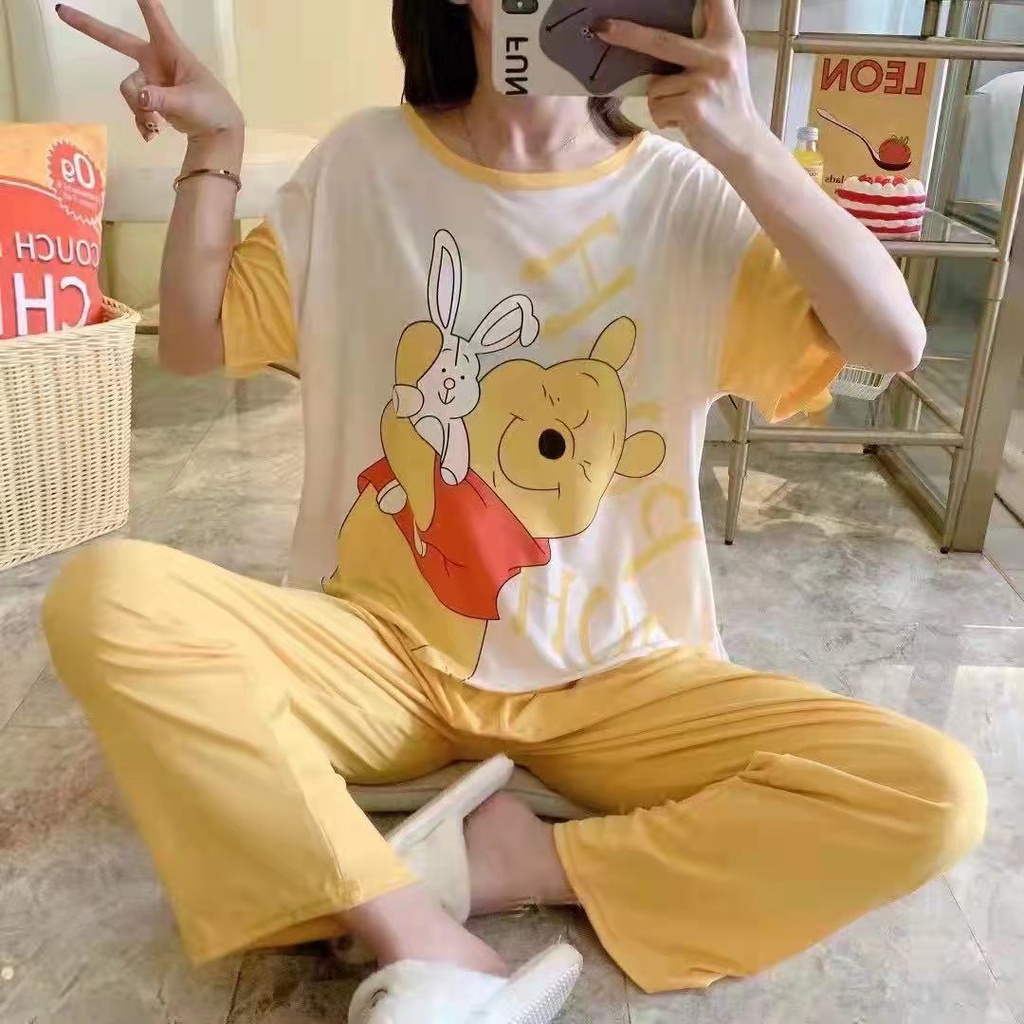 Piyama CP wanita baju tidur import jumbo/bigsize-CP RABBIT&POOH YELOW