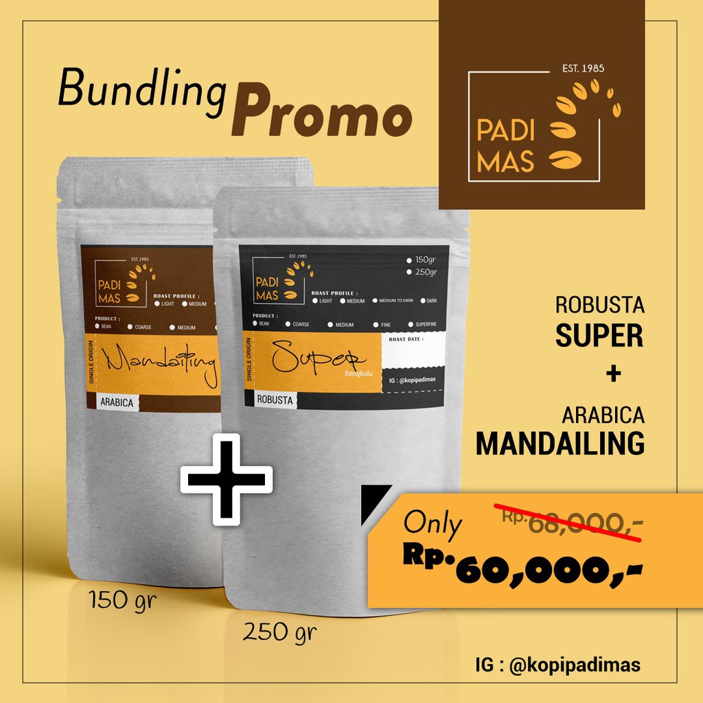 

BUNDLING PROMO!! KOPI KEMASAN BIJI/BUBUK ROBUSTA SUPER BENGKULU + ARABIKA MANDAILING