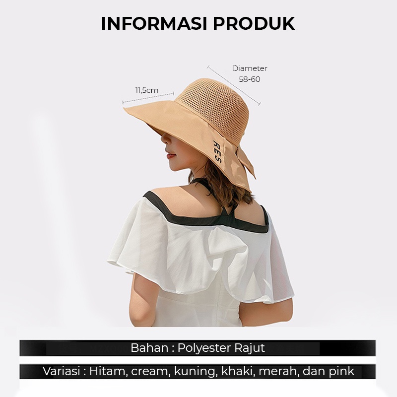 Topi Bucket Hat Pantai Wanita Korea Setengah Rajut Bordir RES Jaring Pita Belakang Lebar Anti UV ZZ