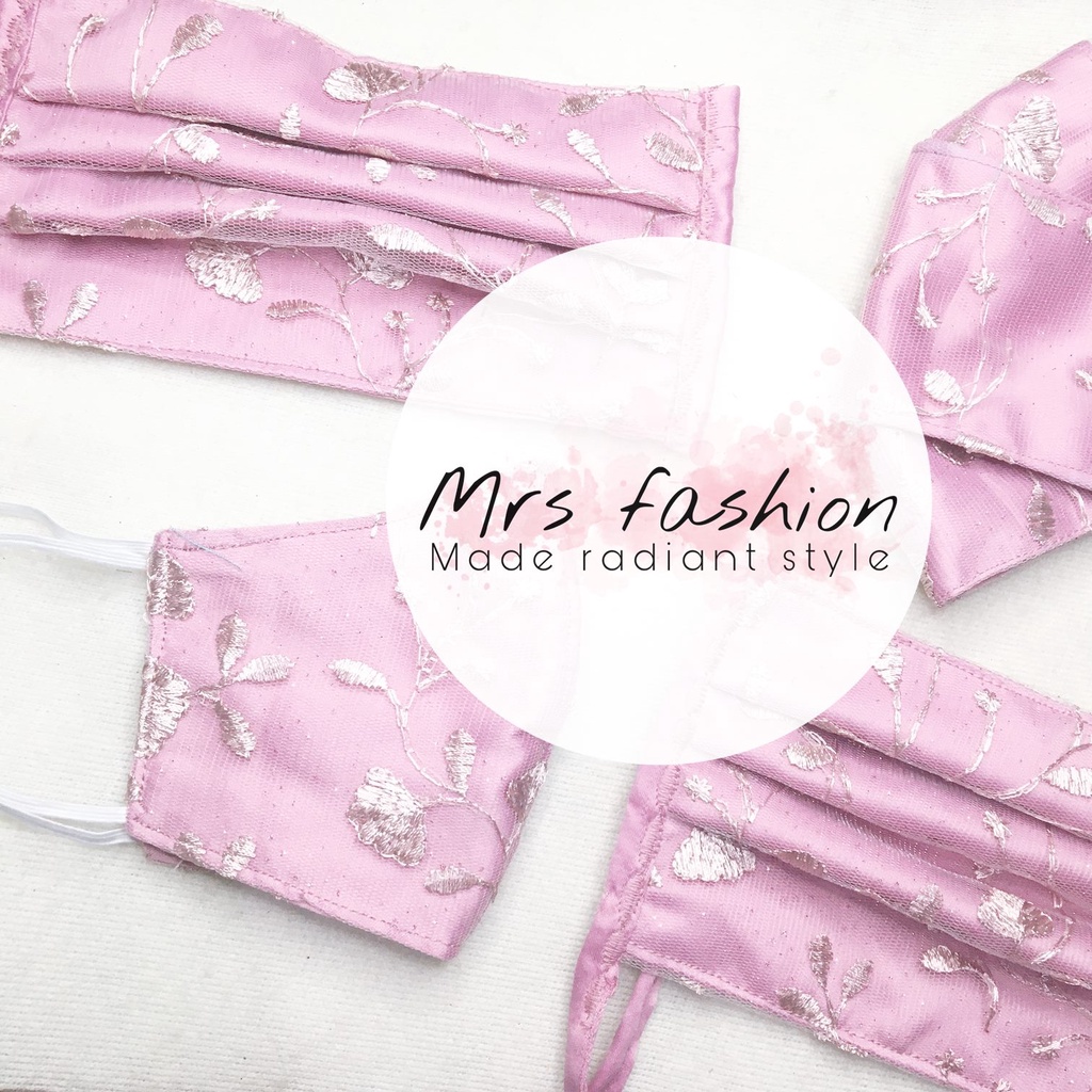 masker kain pesta kondangan hijab tiga 3 lapis brokat brukat tile tule mix katun dusty pink - COD