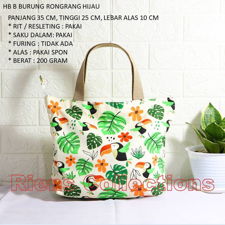 RIENS COLLECTIONS. HANDBAG BESAR BAHAN KANVAS MOTIF BURUNG RONGRANG HIJAU