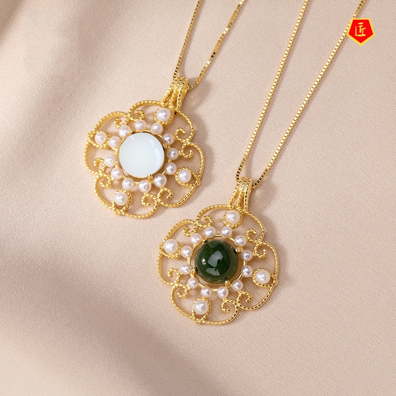 [Ready Stock]White Jade Pendant Retro Dignified Hollow Pattern Pearl Necklace