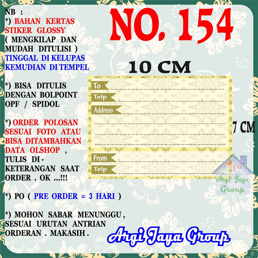 

Stiker Pengiriman - Sticker Alamat Olshop Murah Nomer 154 - 10x7 cm - Glossy