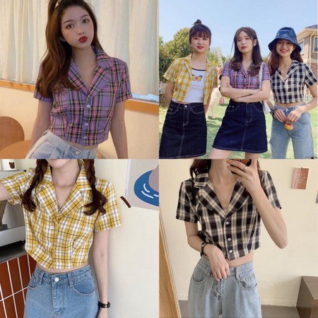 TBI Vintage Crop Top Lisa Plaid Baju Kotak Wanita Korea Style Blackpink - RED - LOKAL