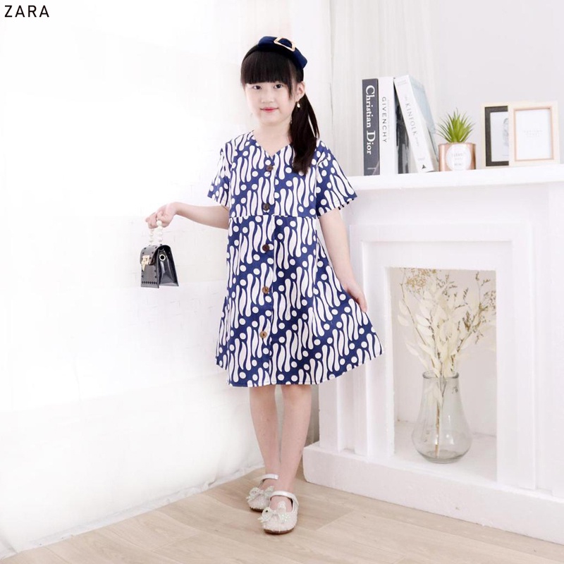 Evercloth Zara Dress Batik Anak Perempuan Baju Batik Anak  Couple Seragam Family Set Dress Batik Sekolah Anak