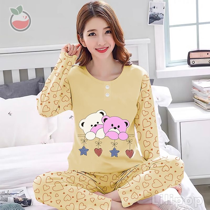 SUNCHERY COD BAJU TIDUR KEKINIAN PP ALL SIZE BAHAN KAOS/BAJU TIDUR PP TERJANGKAU/SLEEPWEAR-TWIN BEAR KUNING