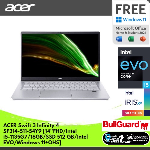 Laptop ACER Swift 3 Infinity 4 SF314-511-54Y9 [14''FHD/Intel i5-1135G7/16GB/SSD 512 GB/Intel EVO/Windows 11+OHS] NXABNSN00C
