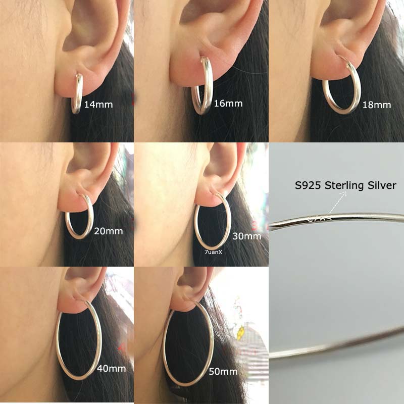 1 Pasang Anting Hoop Besar Bahan Sterling Silver S925 Ukuran 14-50mm Hypoallergenic Untuk Unisex