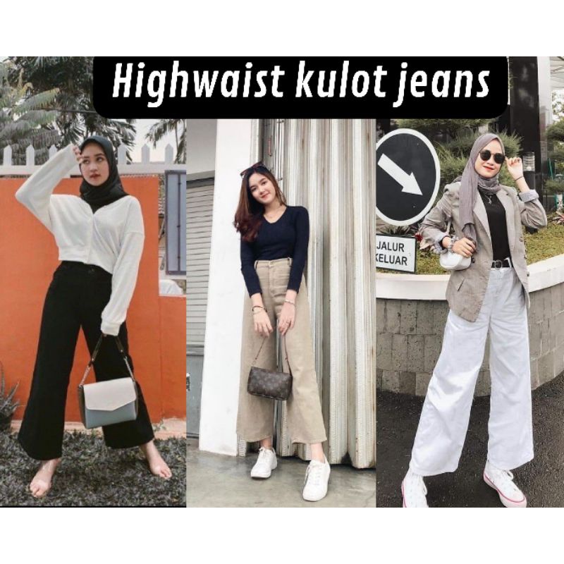 CELANA KULOT JEANS WANITA PUTIH JINS DENIM HIGHWAIST MURAH CEWEK CEWE CULLOTE LEPIS CUTBRAY