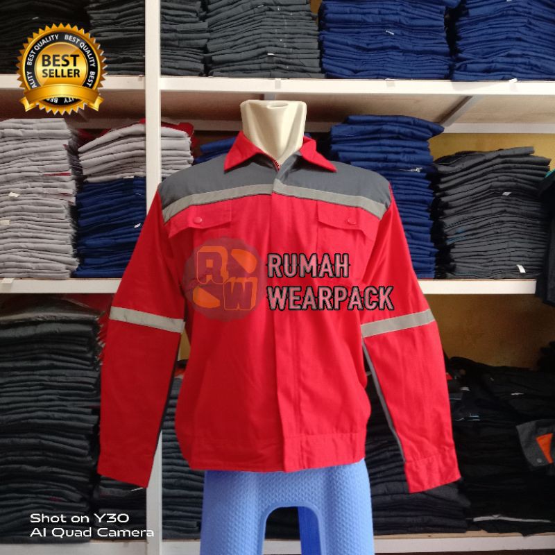 Baju Kerja/ Wearpack Proyek/ Kemeja Kerja Lengan Panjang Atasan Merah Kombinasi Abu Tua