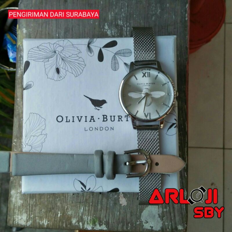 jam wanita Olivia Burton 3D silver paket tali cadangan