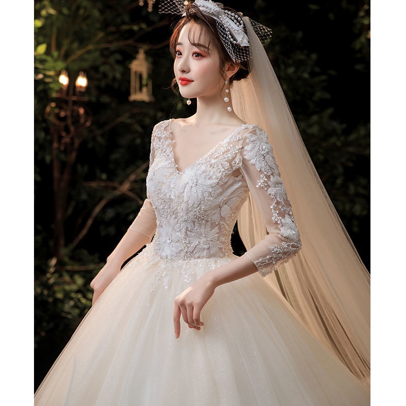 Gaun Pengantin Ekor Panjang Putih 3/4 Lengan Renda Manik-manik Gaun Pengantin