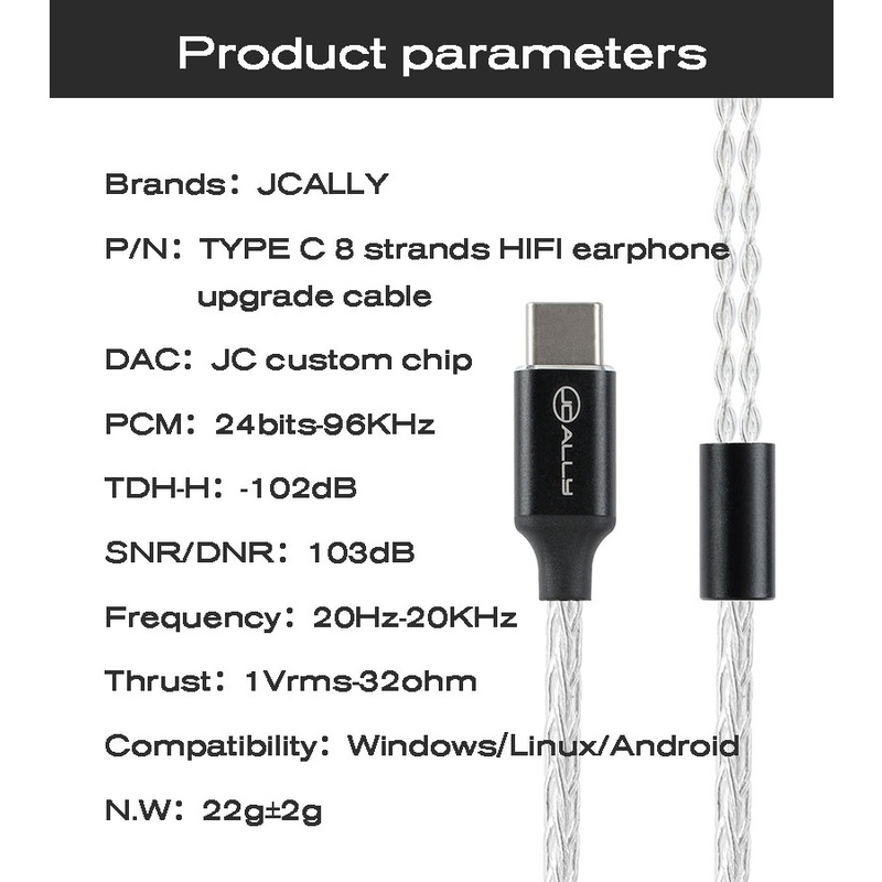 JCALLY TC08 Pro with Mic Kabel KZ Type C Audio Jack USB Type C Tipe C DAC Converter Type C for KZ edx pro cca cra trn mt1 pro az09 pro dq6 zsn pro x