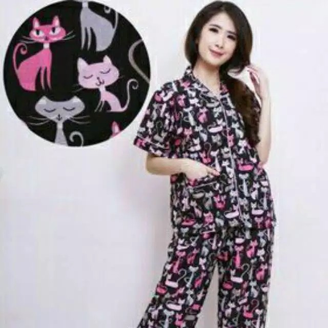 SET BAJU TIDUR PIYAMA DEWASA BAHAN KATUN JEPANG KODE CP - MOTIF KUCING HITAM