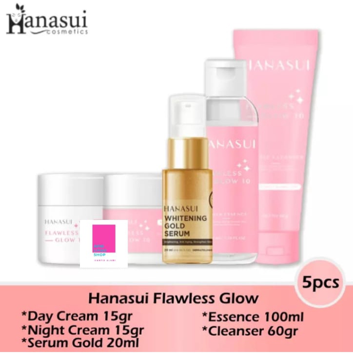 Paket Hanasui Flawless Glow 5pcs (Day+Night+Serum Gold+Essence+Cleanser)