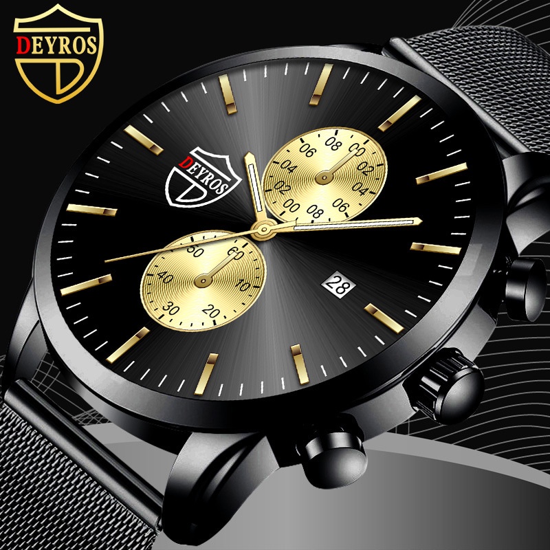 Jam Tangan Pria Strap Pasir Rantai Anti Air Original DEYROS Business Casual Men Watch Quartz STAINLESS STEEL Water Resistance 3 ATM Dengan Tanggal Arloji Cowok Keren Milenial Glow in the dark