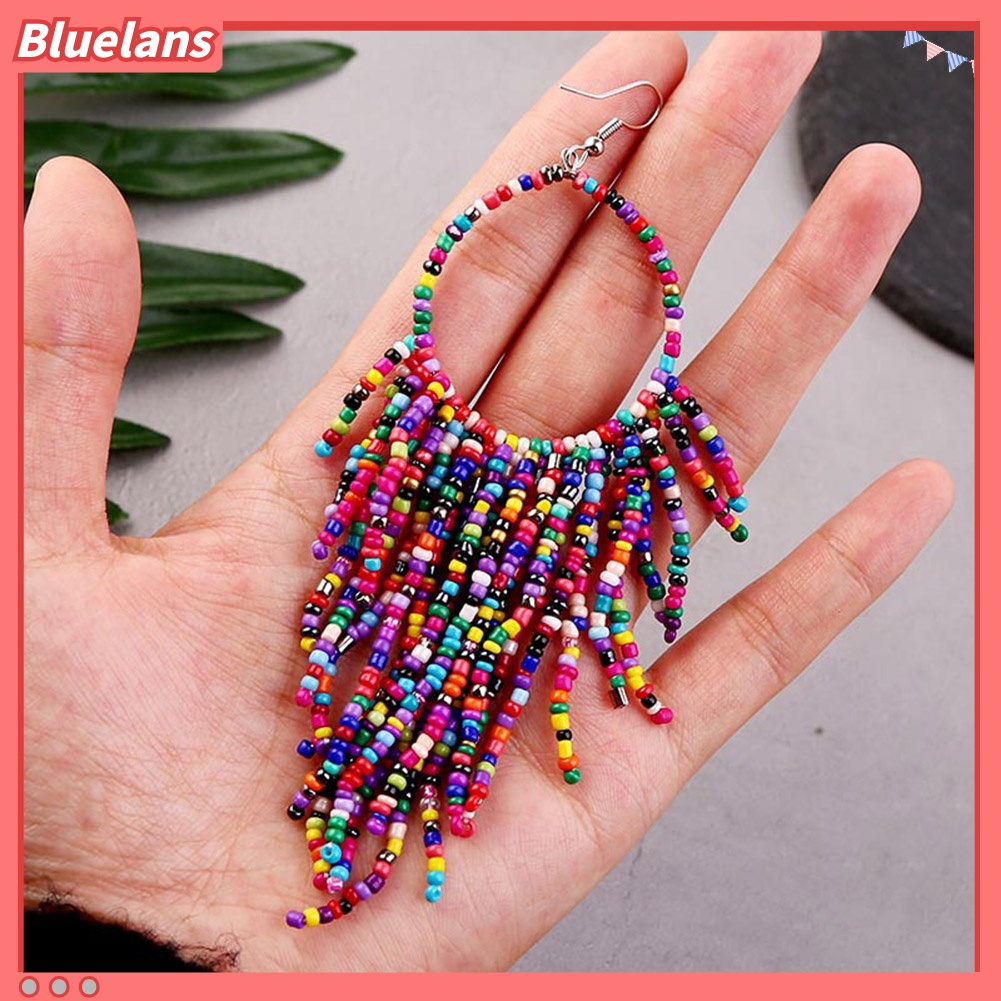 Anting Kait Gantung Panjang Manik-Manik Bulat Aksen Rumbai Gaya Bohemian Untuk Wanita