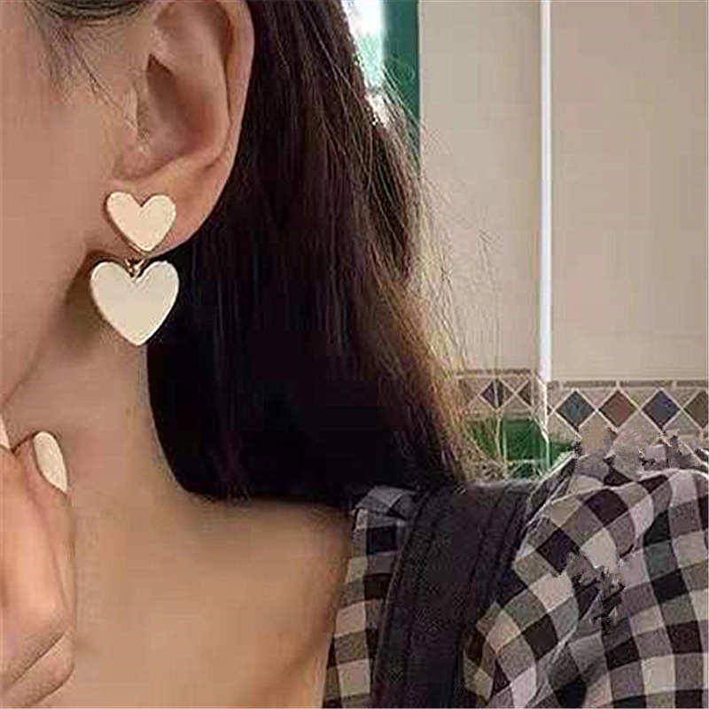Anting S925 Silver Needle Bentuk Hati Ganda Warna Putih Gaya Korea Untuk Perhiasan
