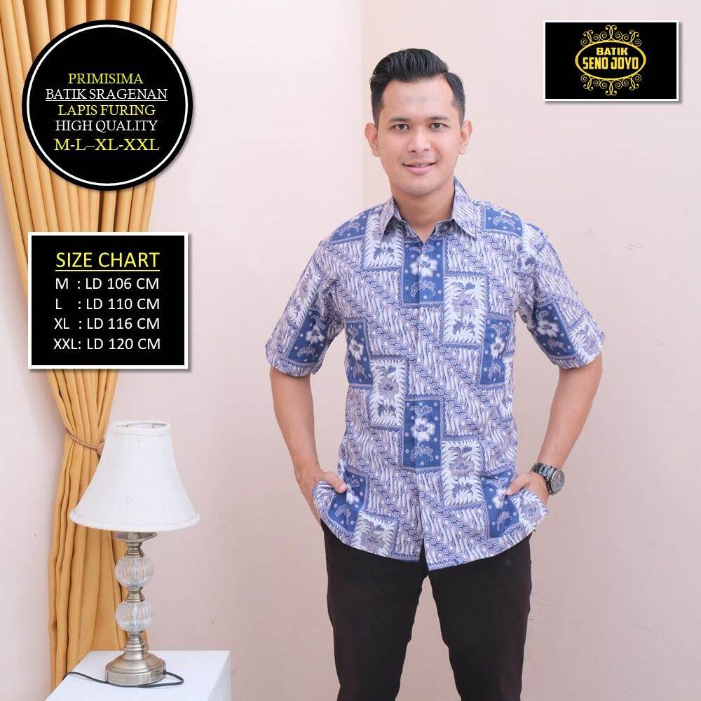 Kemeja batik lengan pendek eksklusif / batik pria lengan pendek lapis furing warna biru putih / batik cowok keren / batik kerja terbaru warna biru putih / batik pria kasual terbaru