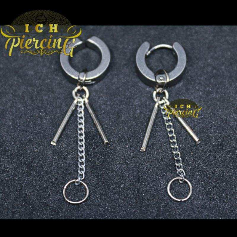 anting K-pop model batang dobel rante ring / anting tindik dan jepit / ICH PIERCING