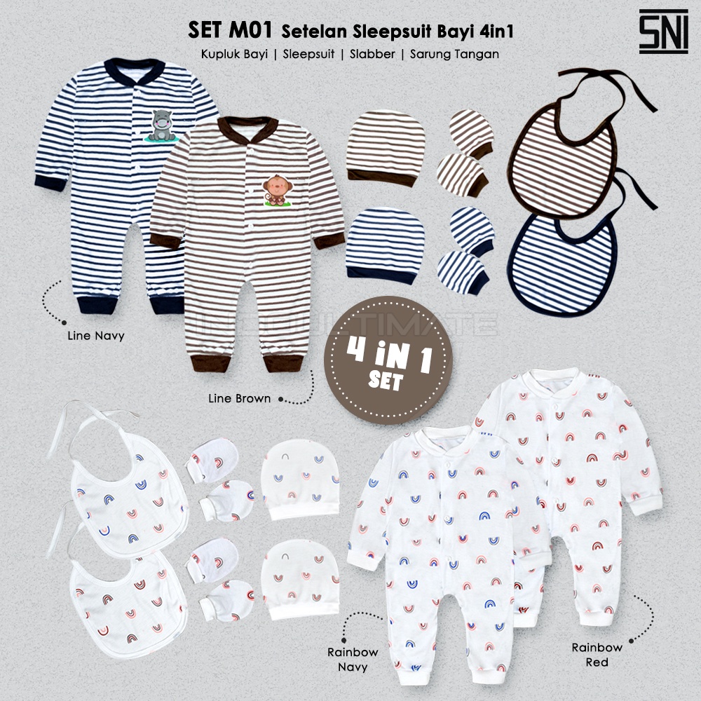 SNI 4in1 Paket Baju Bayi baru lahir Sleepsuit STK Piyama Jumper jumsuit tidur bayi SET-M01 Hampers hamper kado lahiran Sleber Slaber bib sarung tangan kaki kaos kaki bayi baru lahir newborn laki-laki perempuan 0-3 0-6 bulan kaki buka tutup