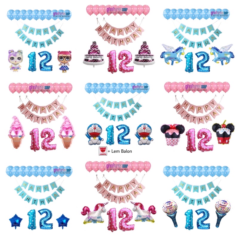 Paket Dekorasi ulang tahun karakter Doraemon unicorn Lol star love pentung happy birthday biru pink