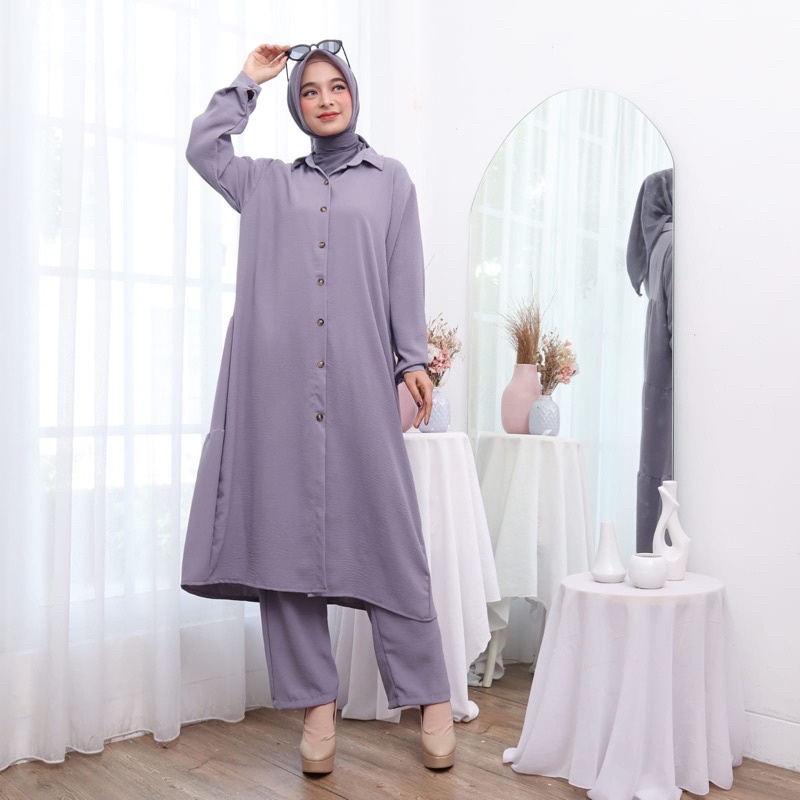 SETCEL TUNIK BELLA STELAN CELANA LONG TUNIK RAYON CRINKLE KANCING BUSUI BUMIL JUMBO BIGSIZE XXL KARET MELAR GROSIR