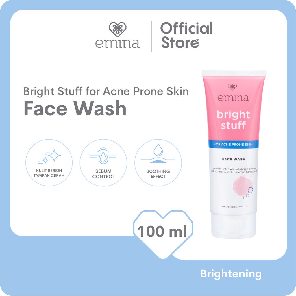 EMINA Bright Stuff For Acne Prone Skin Face Wash Indonesia / Pembersih Wajah 50ml 100ml / Gently Brighten Without Clogging Pores With Summer Plum &amp; Cinnamon Bark Extract / Skincare Face Care Facial Foam Scrub Cleanser Cleansing / Sabun Cuci Muka / Series