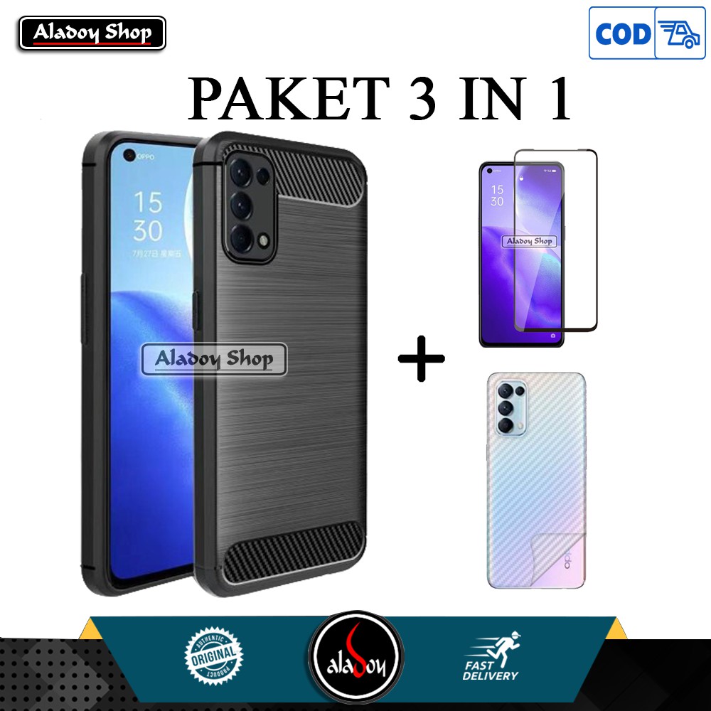 PAKET Case Oppo Reno 5 New Carbon Slim Armor Softcase + Tempered Glass Layar dan Garskin Carbon