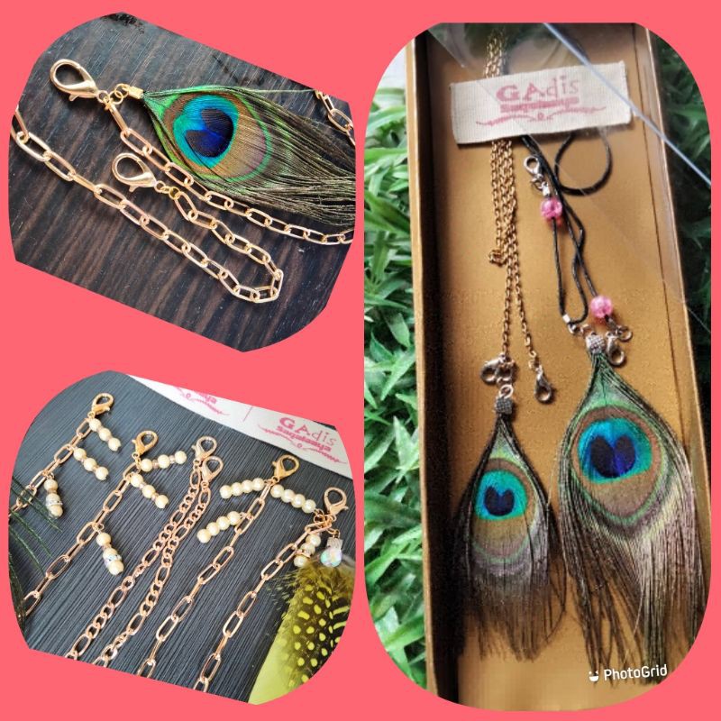 Kalung masker/strap masker/connector premium bulu merak