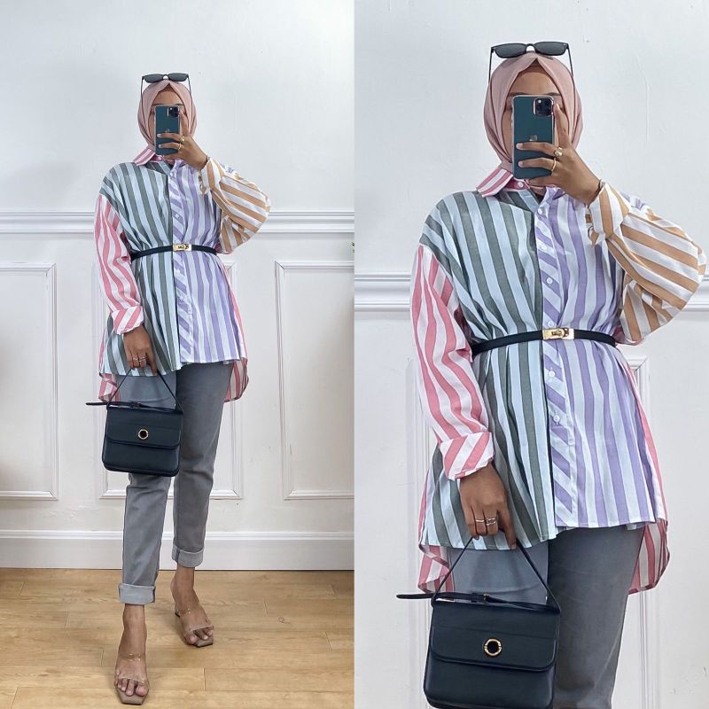 MIX STRIPE SHIRT | KEMEJA OVERSIZE ATASAN WANITA BAJU LENGAN PANJANG