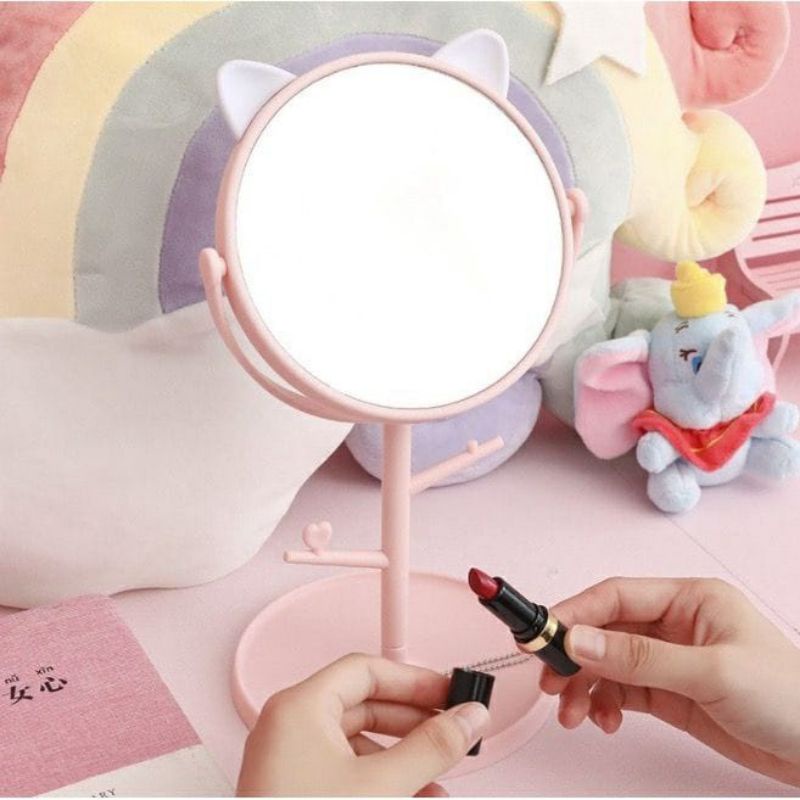Kaca Make Up Bulat / Cermin Motif Telinga Panda , Kucing / Standing Mirror