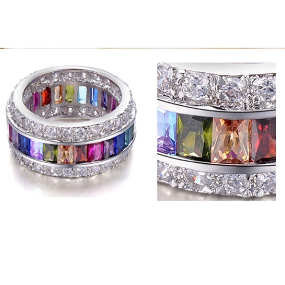 SEUSUK  Fashion Woman Multicolor Gemstone Delicate Princess Bride Wedding Engagement Ring Jewelry