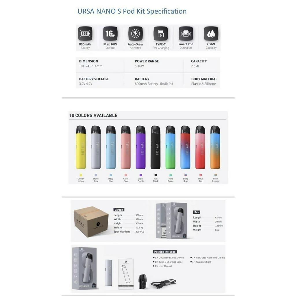 URSA NANO S POD KIT 16W 800MAH AUTHENTIC BY LOST VAPE