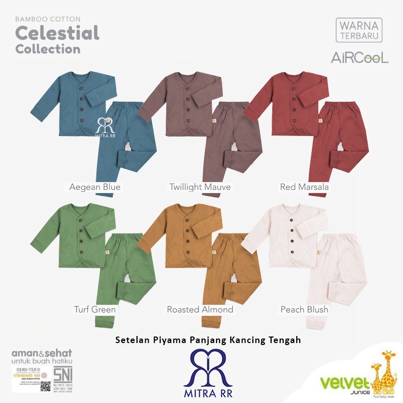 [TERBARU] Velvet Junior Bamboo Celestial Collection Earth Color Setelan Baju Celana Kancing Depan Panjang Baju Tidur Anak Unisex Velvet Polos EARTH COLOR